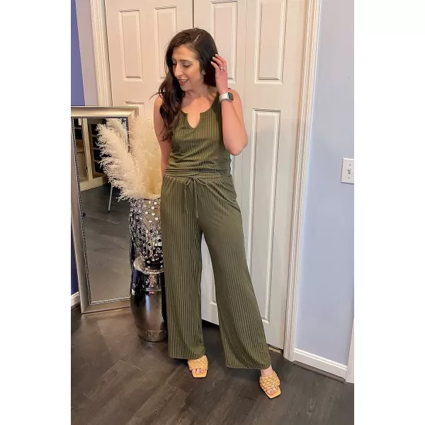 imagePRETTYGARDEN Womens Summer Casual Two Piece Outfits Sweatsuits Tank Scoop Neck Ribbed Knit Long Pants TracksuitsArmy Green