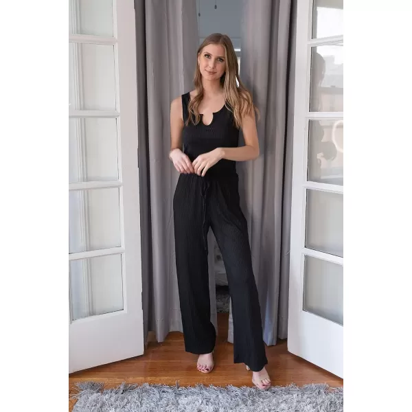 imagePRETTYGARDEN Womens Summer Casual Two Piece Outfits Sweatsuits Tank Scoop Neck Ribbed Knit Long Pants TracksuitsBlack