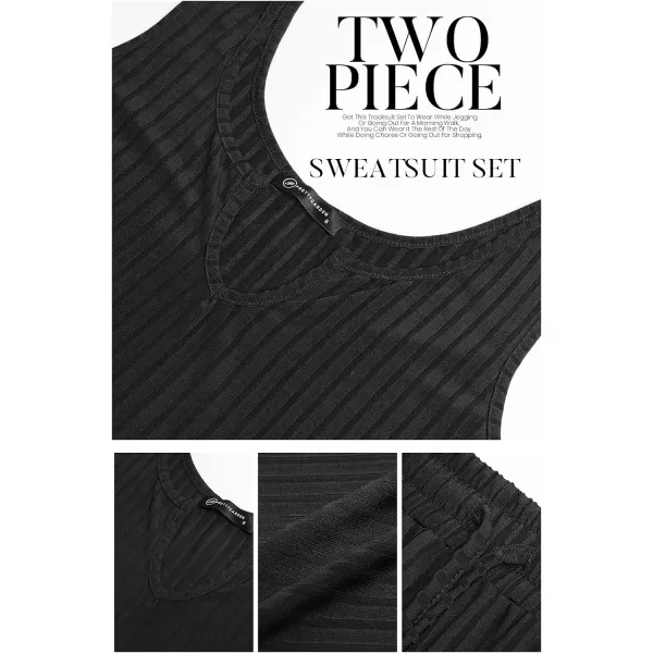 imagePRETTYGARDEN Womens Summer Casual Two Piece Outfits Sweatsuits Tank Scoop Neck Ribbed Knit Long Pants TracksuitsBlack