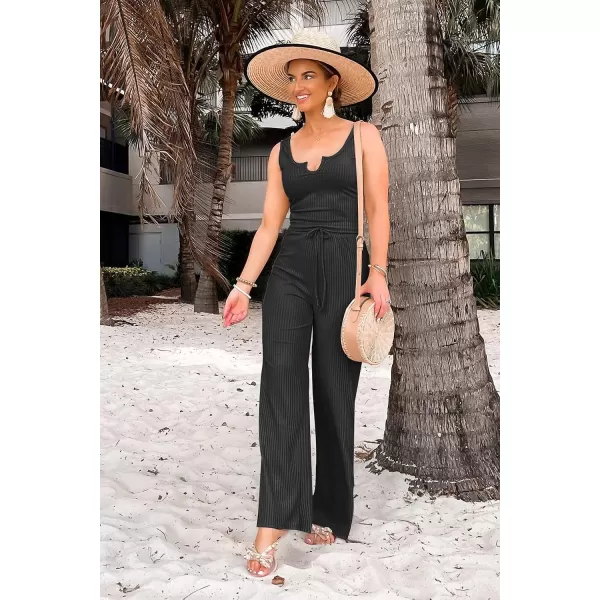 imagePRETTYGARDEN Womens Summer Casual Two Piece Outfits Sweatsuits Tank Scoop Neck Ribbed Knit Long Pants TracksuitsBlack