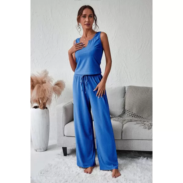 imagePRETTYGARDEN Womens Summer Casual Two Piece Outfits Sweatsuits Tank Scoop Neck Ribbed Knit Long Pants TracksuitsBlue