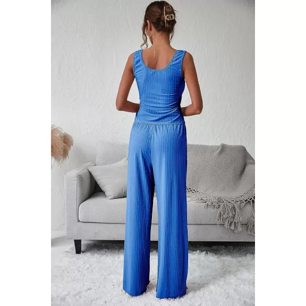 imagePRETTYGARDEN Womens Summer Casual Two Piece Outfits Sweatsuits Tank Scoop Neck Ribbed Knit Long Pants TracksuitsBlue