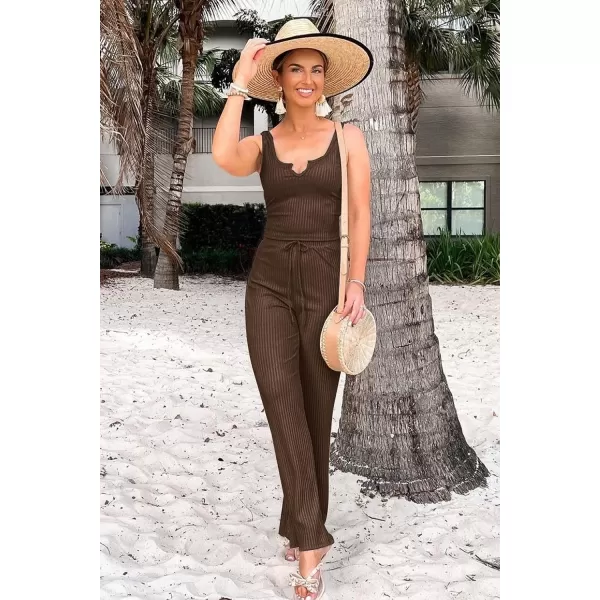 imagePRETTYGARDEN Womens Summer Casual Two Piece Outfits Sweatsuits Tank Scoop Neck Ribbed Knit Long Pants TracksuitsDark Brown