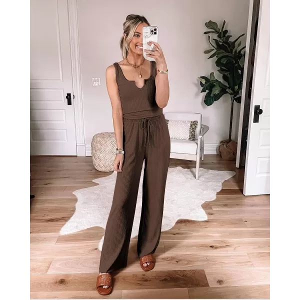 imagePRETTYGARDEN Womens Summer Casual Two Piece Outfits Sweatsuits Tank Scoop Neck Ribbed Knit Long Pants TracksuitsDark Brown