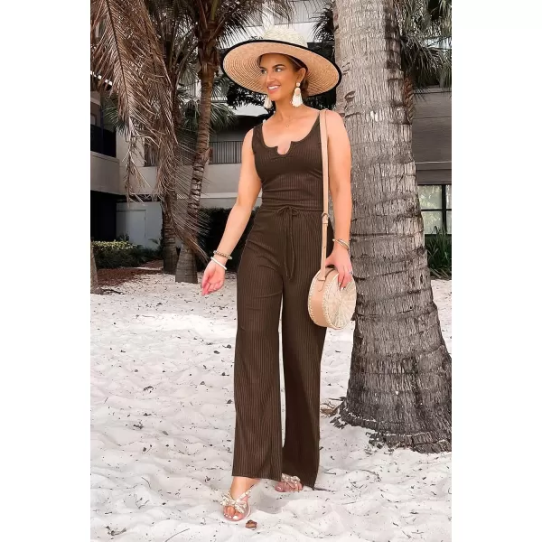 imagePRETTYGARDEN Womens Summer Casual Two Piece Outfits Sweatsuits Tank Scoop Neck Ribbed Knit Long Pants TracksuitsDark Brown