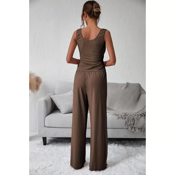 imagePRETTYGARDEN Womens Summer Casual Two Piece Outfits Sweatsuits Tank Scoop Neck Ribbed Knit Long Pants TracksuitsDark Brown