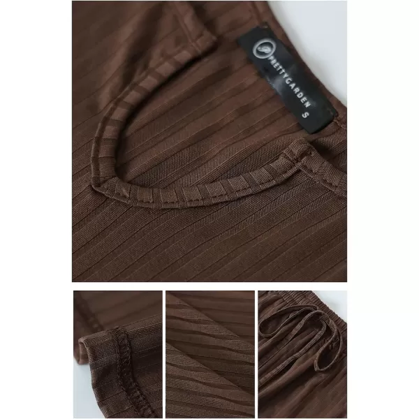 imagePRETTYGARDEN Womens Summer Casual Two Piece Outfits Sweatsuits Tank Scoop Neck Ribbed Knit Long Pants TracksuitsDark Brown