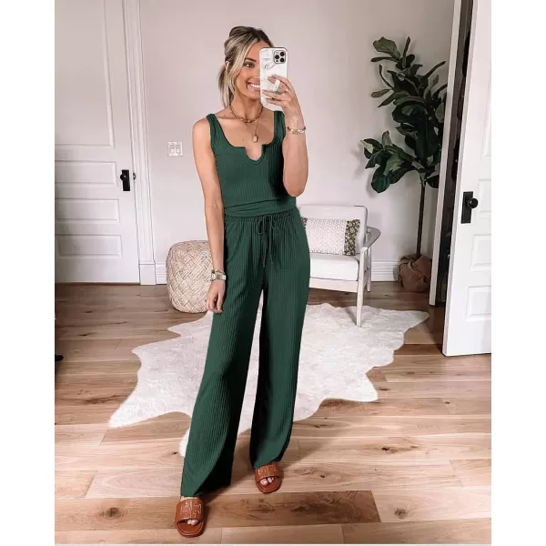 imagePRETTYGARDEN Womens Summer Casual Two Piece Outfits Sweatsuits Tank Scoop Neck Ribbed Knit Long Pants TracksuitsDark Green