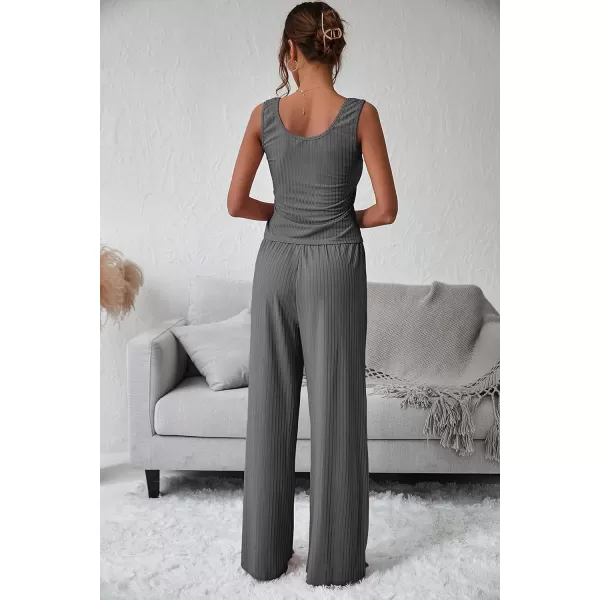 imagePRETTYGARDEN Womens Summer Casual Two Piece Outfits Sweatsuits Tank Scoop Neck Ribbed Knit Long Pants TracksuitsLight Grey