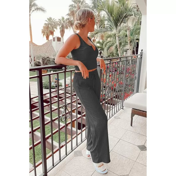 imagePRETTYGARDEN Womens Summer Casual Two Piece Outfits Sweatsuits Tank Scoop Neck Ribbed Knit Long Pants TracksuitsLight Grey