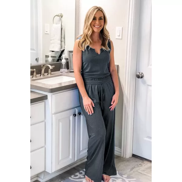 imagePRETTYGARDEN Womens Summer Casual Two Piece Outfits Sweatsuits Tank Scoop Neck Ribbed Knit Long Pants TracksuitsLight Grey