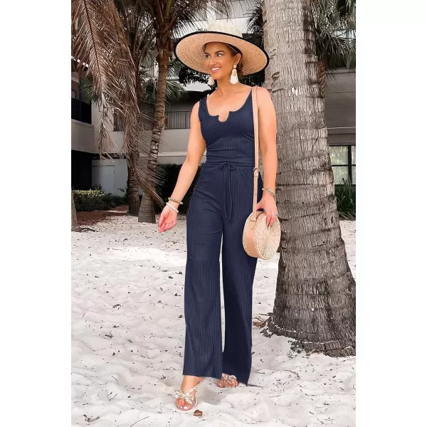 imagePRETTYGARDEN Womens Summer Casual Two Piece Outfits Sweatsuits Tank Scoop Neck Ribbed Knit Long Pants TracksuitsNavy