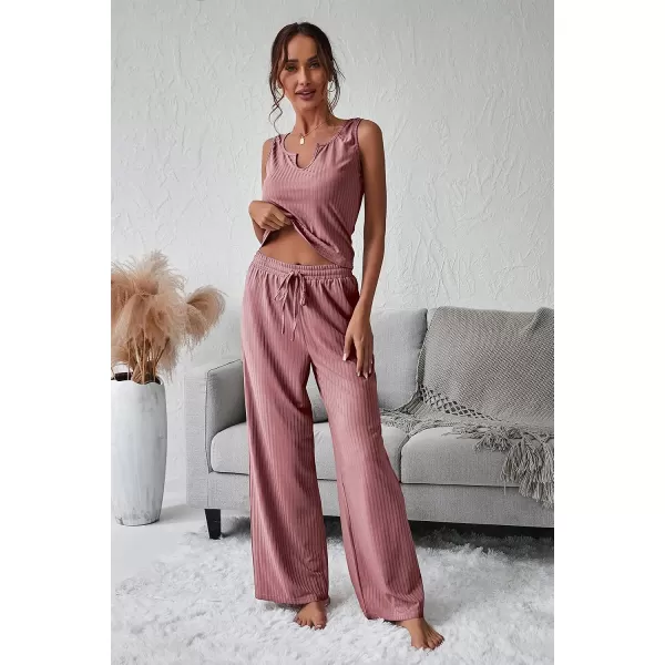 imagePRETTYGARDEN Womens Summer Casual Two Piece Outfits Sweatsuits Tank Scoop Neck Ribbed Knit Long Pants TracksuitsPink