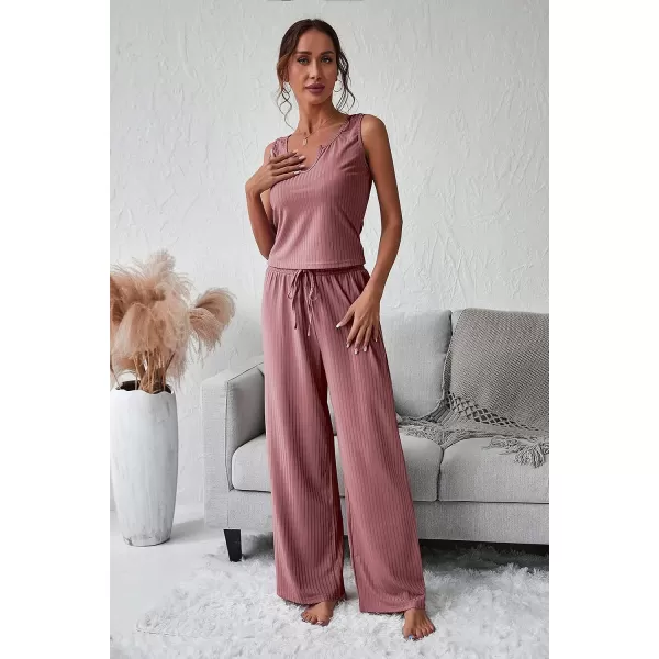 imagePRETTYGARDEN Womens Summer Casual Two Piece Outfits Sweatsuits Tank Scoop Neck Ribbed Knit Long Pants TracksuitsPink