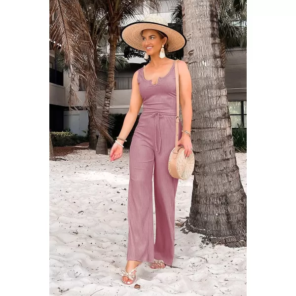 imagePRETTYGARDEN Womens Summer Casual Two Piece Outfits Sweatsuits Tank Scoop Neck Ribbed Knit Long Pants TracksuitsPink