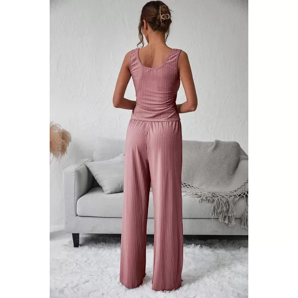 imagePRETTYGARDEN Womens Summer Casual Two Piece Outfits Sweatsuits Tank Scoop Neck Ribbed Knit Long Pants TracksuitsPink