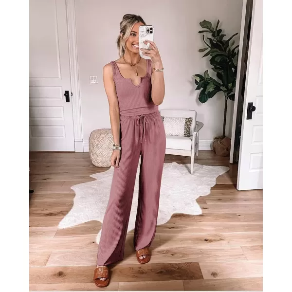 imagePRETTYGARDEN Womens Summer Casual Two Piece Outfits Sweatsuits Tank Scoop Neck Ribbed Knit Long Pants TracksuitsPink
