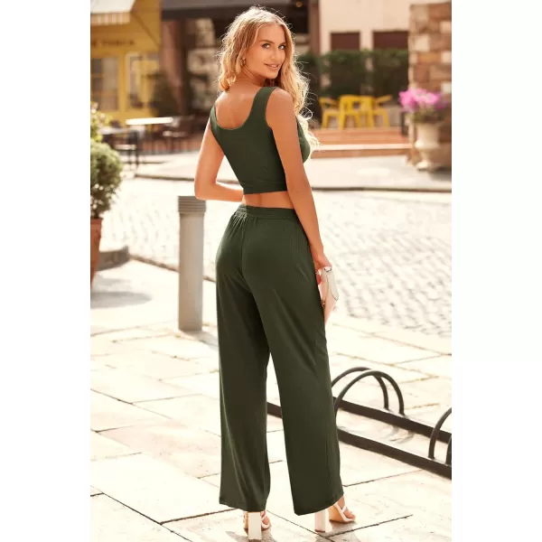 imagePRETTYGARDEN Womens Summer Casual Two Piece Outfits Sweatsuits Tank Scoop Neck Ribbed Knit Long Pants TracksuitsSolid Army Green