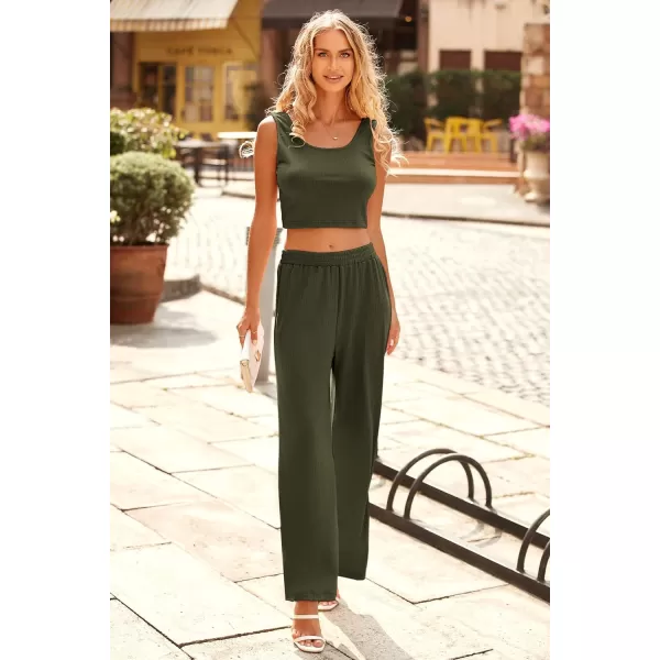 imagePRETTYGARDEN Womens Summer Casual Two Piece Outfits Sweatsuits Tank Scoop Neck Ribbed Knit Long Pants TracksuitsSolid Army Green