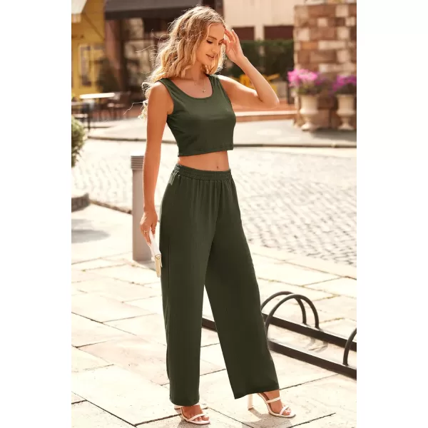 imagePRETTYGARDEN Womens Summer Casual Two Piece Outfits Sweatsuits Tank Scoop Neck Ribbed Knit Long Pants TracksuitsSolid Army Green