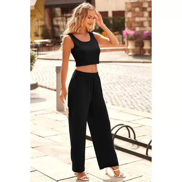 imagePRETTYGARDEN Womens Summer Casual Two Piece Outfits Sweatsuits Tank Scoop Neck Ribbed Knit Long Pants TracksuitsSolid Black