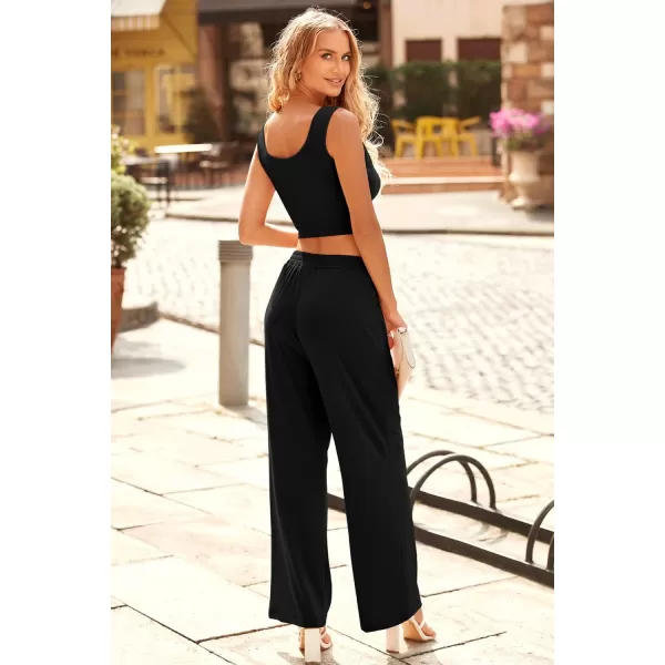 imagePRETTYGARDEN Womens Summer Casual Two Piece Outfits Sweatsuits Tank Scoop Neck Ribbed Knit Long Pants TracksuitsSolid Black