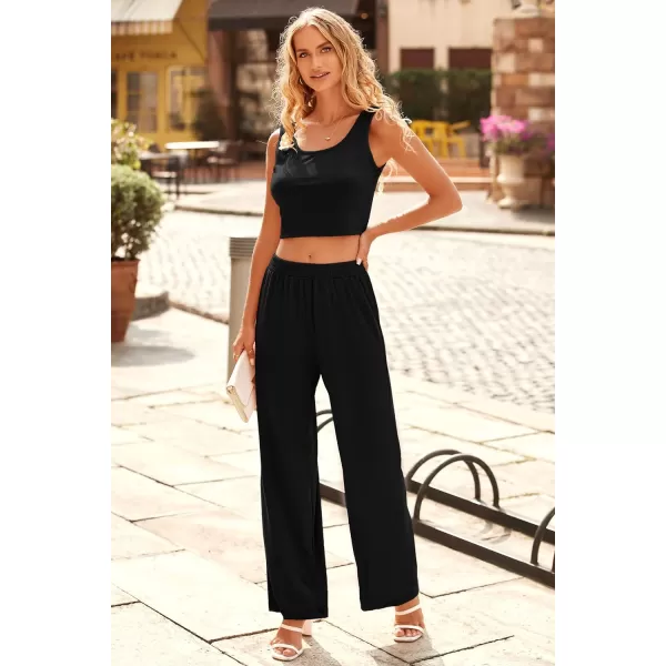 imagePRETTYGARDEN Womens Summer Casual Two Piece Outfits Sweatsuits Tank Scoop Neck Ribbed Knit Long Pants TracksuitsSolid Black