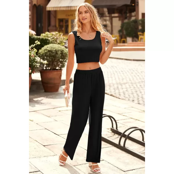 imagePRETTYGARDEN Womens Summer Casual Two Piece Outfits Sweatsuits Tank Scoop Neck Ribbed Knit Long Pants TracksuitsSolid Black