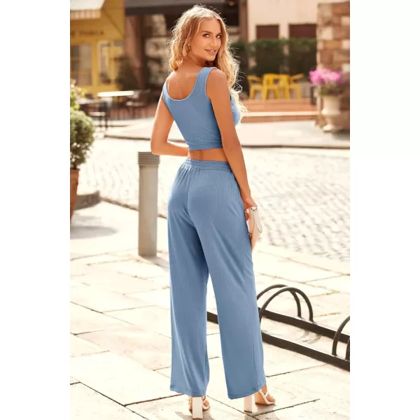 imagePRETTYGARDEN Womens Summer Casual Two Piece Outfits Sweatsuits Tank Scoop Neck Ribbed Knit Long Pants TracksuitsSolid Blue