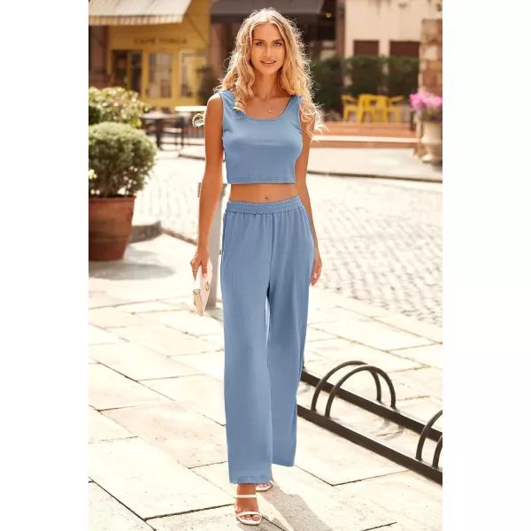 imagePRETTYGARDEN Womens Summer Casual Two Piece Outfits Sweatsuits Tank Scoop Neck Ribbed Knit Long Pants TracksuitsSolid Blue