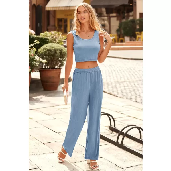 imagePRETTYGARDEN Womens Summer Casual Two Piece Outfits Sweatsuits Tank Scoop Neck Ribbed Knit Long Pants TracksuitsSolid Blue