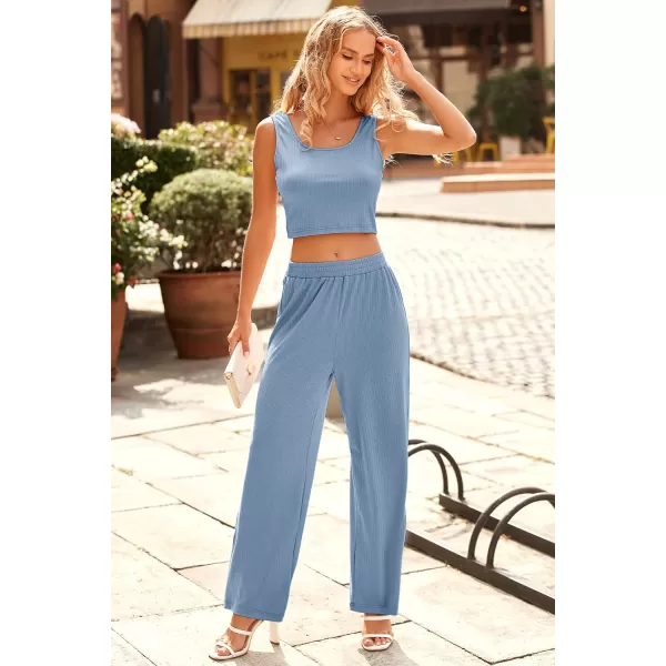 imagePRETTYGARDEN Womens Summer Casual Two Piece Outfits Sweatsuits Tank Scoop Neck Ribbed Knit Long Pants TracksuitsSolid Blue