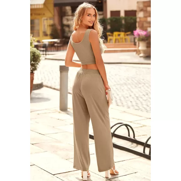 imagePRETTYGARDEN Womens Summer Casual Two Piece Outfits Sweatsuits Tank Scoop Neck Ribbed Knit Long Pants TracksuitsSolid Khaki