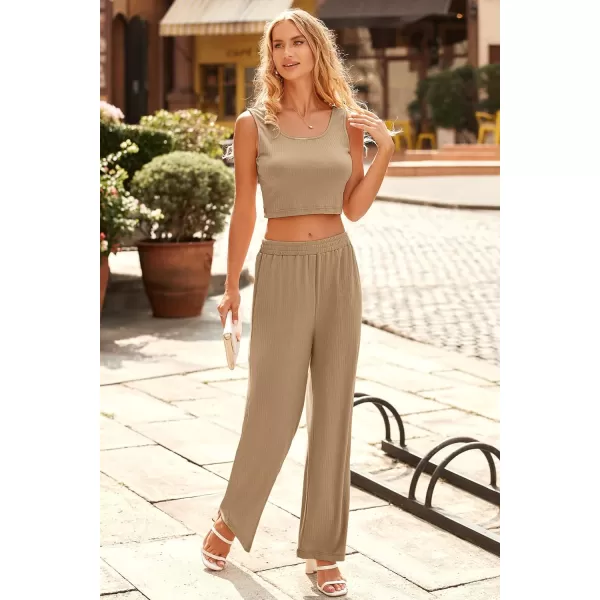 imagePRETTYGARDEN Womens Summer Casual Two Piece Outfits Sweatsuits Tank Scoop Neck Ribbed Knit Long Pants TracksuitsSolid Khaki