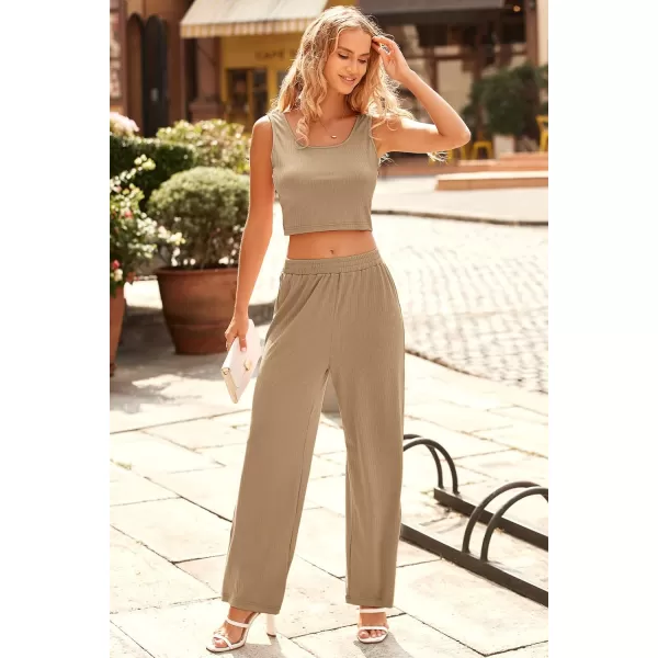 imagePRETTYGARDEN Womens Summer Casual Two Piece Outfits Sweatsuits Tank Scoop Neck Ribbed Knit Long Pants TracksuitsSolid Khaki