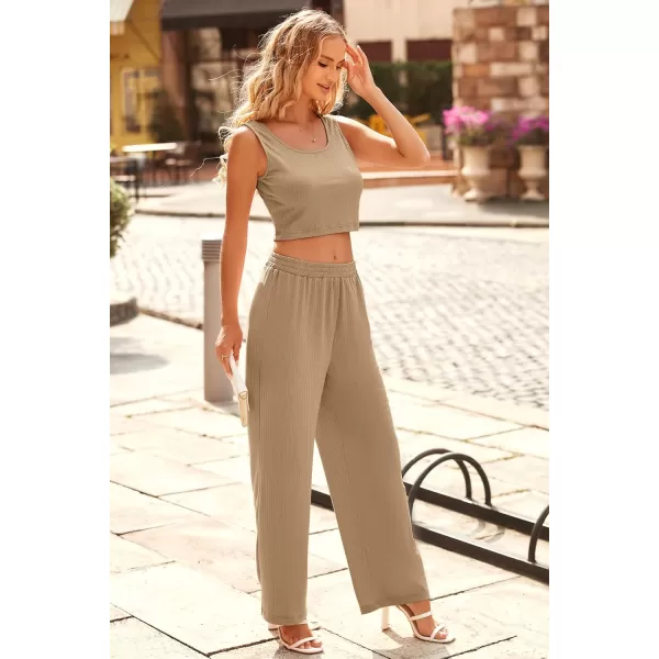 imagePRETTYGARDEN Womens Summer Casual Two Piece Outfits Sweatsuits Tank Scoop Neck Ribbed Knit Long Pants TracksuitsSolid Khaki