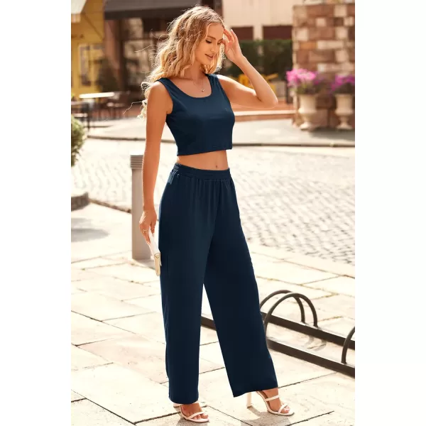 imagePRETTYGARDEN Womens Summer Casual Two Piece Outfits Sweatsuits Tank Scoop Neck Ribbed Knit Long Pants TracksuitsSolid Navy