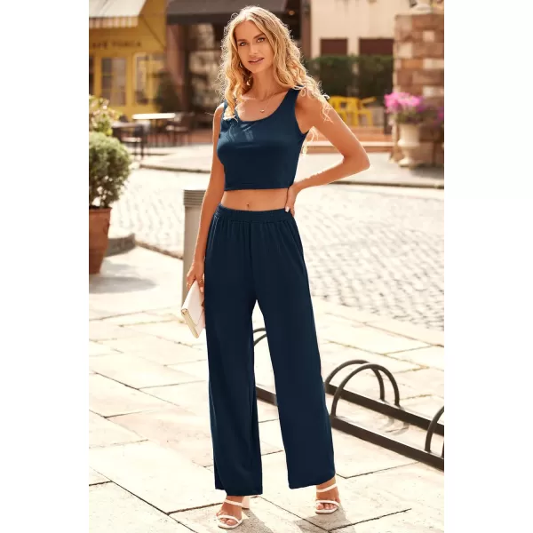 imagePRETTYGARDEN Womens Summer Casual Two Piece Outfits Sweatsuits Tank Scoop Neck Ribbed Knit Long Pants TracksuitsSolid Navy