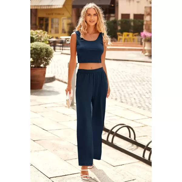 imagePRETTYGARDEN Womens Summer Casual Two Piece Outfits Sweatsuits Tank Scoop Neck Ribbed Knit Long Pants TracksuitsSolid Navy
