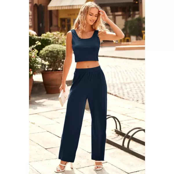 imagePRETTYGARDEN Womens Summer Casual Two Piece Outfits Sweatsuits Tank Scoop Neck Ribbed Knit Long Pants TracksuitsSolid Navy