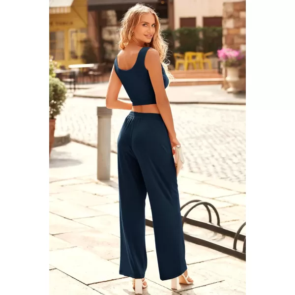 imagePRETTYGARDEN Womens Summer Casual Two Piece Outfits Sweatsuits Tank Scoop Neck Ribbed Knit Long Pants TracksuitsSolid Navy
