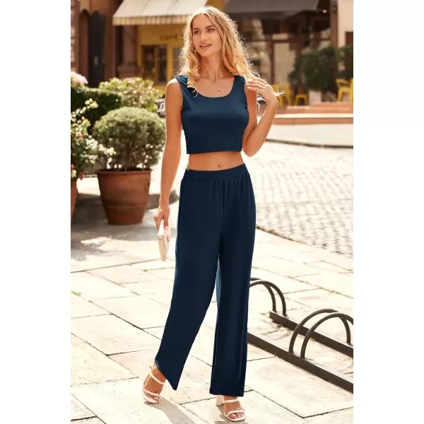 imagePRETTYGARDEN Womens Summer Casual Two Piece Outfits Sweatsuits Tank Scoop Neck Ribbed Knit Long Pants TracksuitsSolid Navy