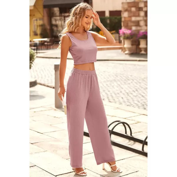 imagePRETTYGARDEN Womens Summer Casual Two Piece Outfits Sweatsuits Tank Scoop Neck Ribbed Knit Long Pants TracksuitsSolid Pink