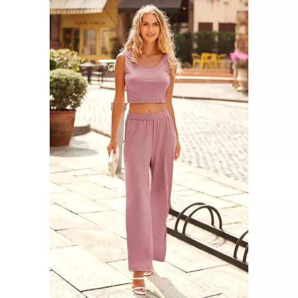 imagePRETTYGARDEN Womens Summer Casual Two Piece Outfits Sweatsuits Tank Scoop Neck Ribbed Knit Long Pants TracksuitsSolid Pink
