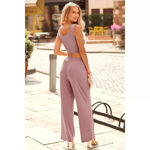 imagePRETTYGARDEN Womens Summer Casual Two Piece Outfits Sweatsuits Tank Scoop Neck Ribbed Knit Long Pants TracksuitsSolid Pink