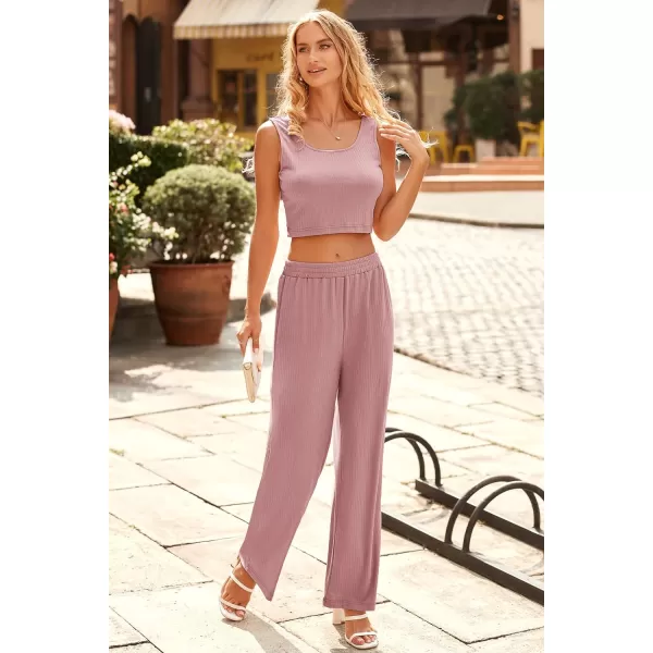 imagePRETTYGARDEN Womens Summer Casual Two Piece Outfits Sweatsuits Tank Scoop Neck Ribbed Knit Long Pants TracksuitsSolid Pink