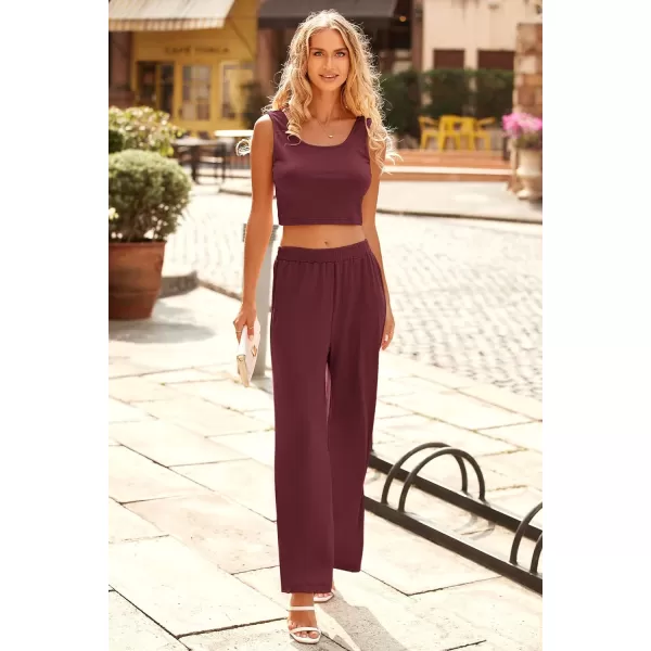imagePRETTYGARDEN Womens Summer Casual Two Piece Outfits Sweatsuits Tank Scoop Neck Ribbed Knit Long Pants TracksuitsSolid Wine Red