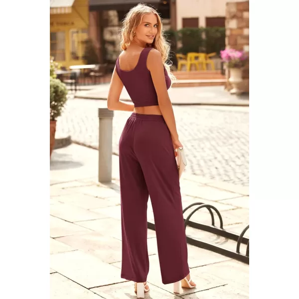 imagePRETTYGARDEN Womens Summer Casual Two Piece Outfits Sweatsuits Tank Scoop Neck Ribbed Knit Long Pants TracksuitsSolid Wine Red