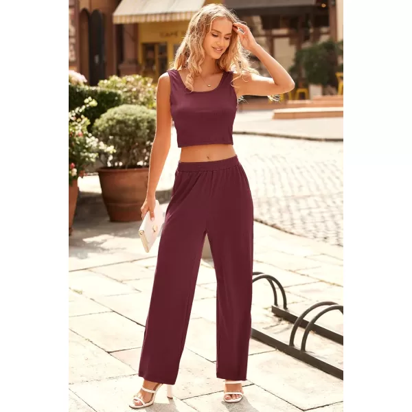 imagePRETTYGARDEN Womens Summer Casual Two Piece Outfits Sweatsuits Tank Scoop Neck Ribbed Knit Long Pants TracksuitsSolid Wine Red