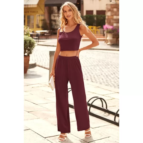 imagePRETTYGARDEN Womens Summer Casual Two Piece Outfits Sweatsuits Tank Scoop Neck Ribbed Knit Long Pants TracksuitsSolid Wine Red